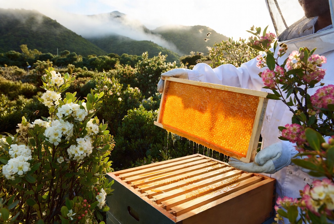 Expert beekeeper harvesting honeycomb